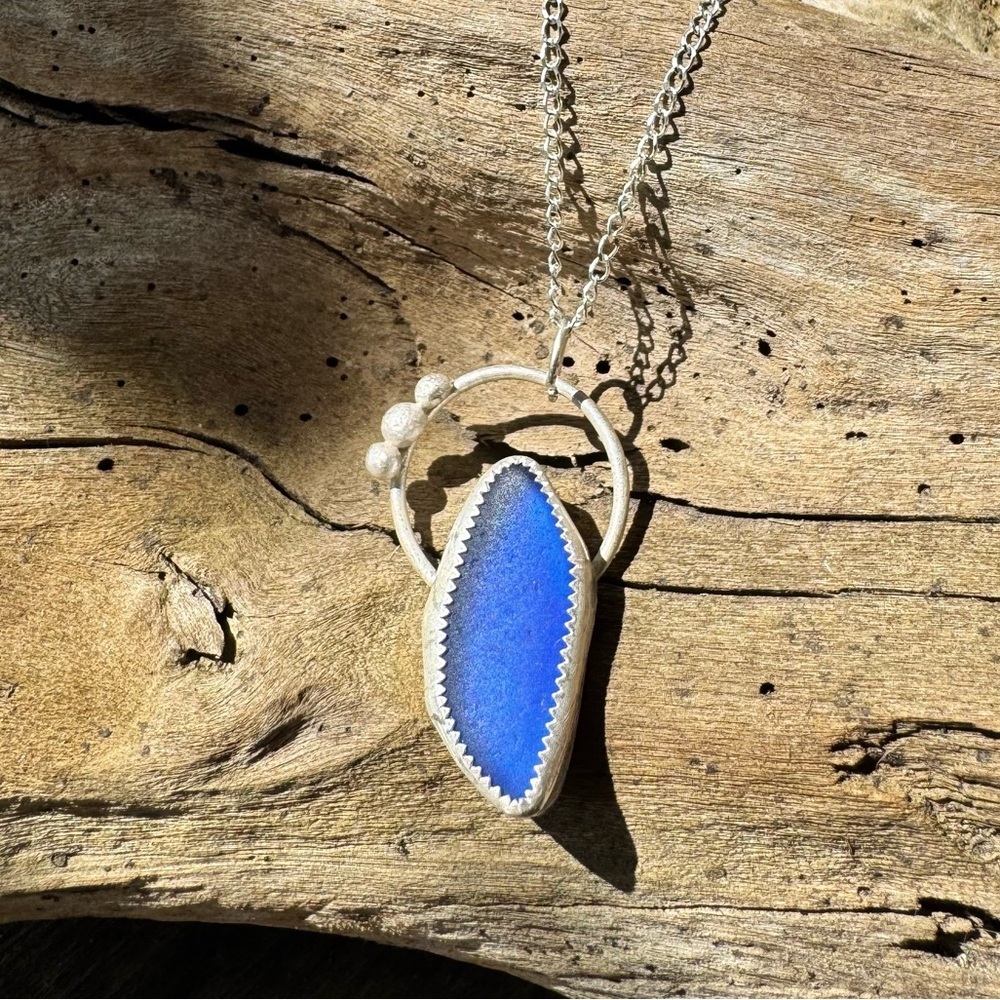 Cobalt blue sea glass Handmade 995 925 sterling silver soldered necklace - Picture 1 of 5
